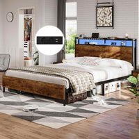 FR.SIKAIC Lits et Cadres de Lit Cadre de Lit en Métal avec Tête de Lit de Rangement LED Multiprise Espace de Rangement sous le Lit Marron