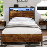 FR.SIKAIC Lits et Cadres de Lit Marron / 90 x 200 cm / Moderne Cadre de Lit en Métal avec Tête de Lit de Rangement LED Multiprise Espace de Rangement sous le Lit Marron