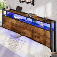 FR.SIKAIC Lits et Cadres de Lit Cadre de Lit en Métal avec Tête de Lit de Rangement LED Multiprise Espace de Rangement sous le Lit Marron