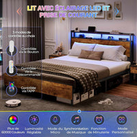 FR.SIKAIC Lits et Cadres de Lit Cadre de Lit en Métal avec Tête de Lit de Rangement LED Multiprise Espace de Rangement sous le Lit Marron