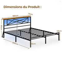 Cadre de Lit en Métal avec Tête LED Prise de Courant et Étagères de Rangement Marron/Noir Vintage - FR.SIKAIC