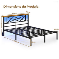 Cadre de Lit en Métal avec Tête LED Prise de Courant et Étagères de Rangement Marron/Noir Vintage - FR.SIKAIC