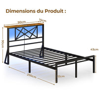 Cadre de Lit en Métal avec Tête LED Prise de Courant et Étagères de Rangement Marron/Noir Vintage - FR.SIKAIC