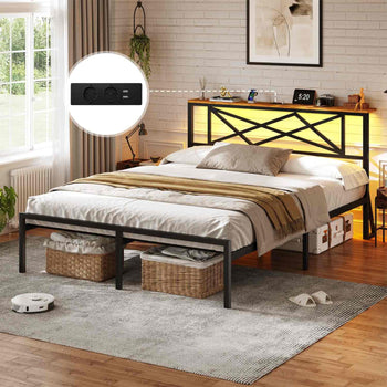 Cadre de Lit en Métal avec Tête LED Prise de Courant et Étagères de Rangement Marron/Noir Vintage - FR.SIKAIC