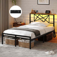 Cadre de Lit en Métal avec Tête LED Prise de Courant et Étagères de Rangement Marron/Noir Vintage - FR.SIKAIC