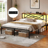 Cadre de Lit en Métal avec Tête LED Prise de Courant et Étagères de Rangement Marron/Noir Vintage - FR.SIKAIC