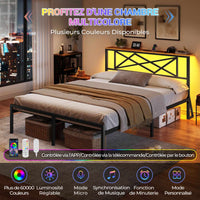 Cadre de Lit en Métal avec Tête LED Prise de Courant et Étagères de Rangement Marron/Noir Vintage - FR.SIKAIC