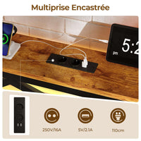 Cadre de Lit en Métal avec Tête LED Prise de Courant et Étagères de Rangement Marron/Noir Vintage - FR.SIKAIC