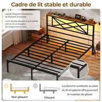 Cadre de Lit en Métal avec Tête LED Prise de Courant et Étagères de Rangement Marron/Noir Vintage - FR.SIKAIC