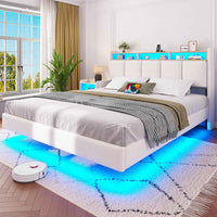 FR.SIKAIC Lits et Cadres de Lit Cadre de Lit Flottant avec Éclairage LED Multiprise Tête de lit Rembourrée avec Rangement Tissu en Lin Blanc