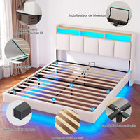 FR.SIKAIC Lits et Cadres de Lit Cadre de Lit Flottant avec Éclairage LED Multiprise Tête de lit Rembourrée avec Rangement Tissu en Lin Blanc