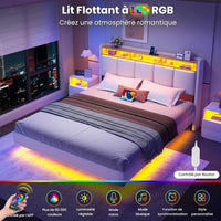 FR.SIKAIC Lits et Cadres de Lit Cadre de Lit Flottant avec Éclairage LED Multiprise Tête de lit Rembourrée avec Rangement Tissu en Lin Blanc