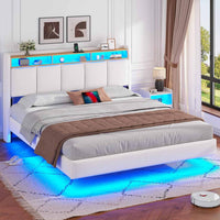 FR.SIKAIC Lits et Cadres de Lit Cadre de Lit Flottant avec Éclairage LED Multiprise Tête de lit Rembourrée avec Rangement Tissu en Lin Blanc
