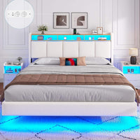 FR.SIKAIC Lits et Cadres de Lit Blanc / 160x200cm Cadre de Lit Flottant avec Éclairage LED Multiprise Tête de lit Rembourrée avec Rangement Tissu en Lin Blanc