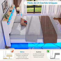 FR.SIKAIC Lits et Cadres de Lit Cadre de Lit Flottant avec Éclairage LED Multiprise Tête de lit Rembourrée avec Rangement Tissu en Lin Blanc