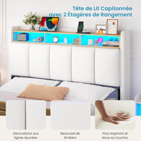 FR.SIKAIC Lits et Cadres de Lit Cadre de Lit Flottant avec Éclairage LED Multiprise Tête de lit Rembourrée avec Rangement Tissu en Lin Blanc