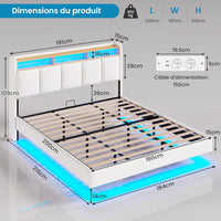 FR.SIKAIC Lits et Cadres de Lit Cadre de Lit Flottant avec Éclairage LED Multiprise Tête de lit Rembourrée avec Rangement Tissu en Lin Blanc