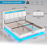 FR.SIKAIC Lits et Cadres de Lit Cadre de Lit Flottant avec Éclairage LED Multiprise Tête de lit Rembourrée avec Rangement Tissu en Lin Blanc