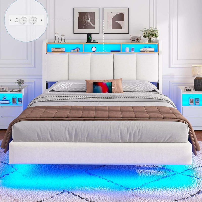 FR.SIKAIC Lits et Cadres de Lit Blanc / 140x190cm Cadre de Lit Flottant avec Éclairage LED Multiprise Tête de lit Rembourrée avec Rangement Tissu en Lin Blanc