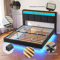 FR.SIKAIC Lits et Cadres de Lit Cadre de Lit Flottant avec Éclairage LED Multiprise Tête de lit Rembourrée avec Rangement Tissu en Lin Gris