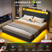 FR.SIKAIC Lits et Cadres de Lit Cadre de Lit Flottant avec Éclairage LED Multiprise Tête de lit Rembourrée avec Rangement Tissu en Lin Gris