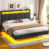 FR.SIKAIC Lits et Cadres de Lit Cadre de Lit Flottant avec Éclairage LED Multiprise Tête de lit Rembourrée avec Rangement Tissu en Lin Gris