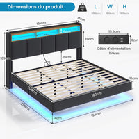 FR.SIKAIC Lits et Cadres de Lit Cadre de Lit Flottant avec Éclairage LED Multiprise Tête de lit Rembourrée avec Rangement Tissu en Lin Gris