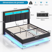 FR.SIKAIC Lits et Cadres de Lit Cadre de Lit Flottant avec Éclairage LED Multiprise Tête de lit Rembourrée avec Rangement Tissu en Lin Gris