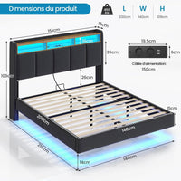 FR.SIKAIC Lits et Cadres de Lit Cadre de Lit Flottant avec Éclairage LED Multiprise Tête de lit Rembourrée avec Rangement Tissu en Lin Gris
