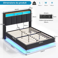 FR.SIKAIC Lits et Cadres de Lit Cadre de Lit Flottant avec Éclairage LED Multiprise Tête de lit Rembourrée avec Rangement Tissu en Lin Gris