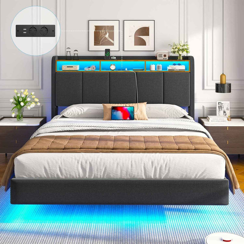 FR.SIKAIC Lits et Cadres de Lit Gris / 140x190cm Cadre de Lit Flottant avec Éclairage LED Multiprise Tête de lit Rembourrée avec Rangement Tissu en Lin Gris