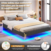 FR.SIKAIC Lits et Cadres de Lit Cadre de Lit Flottant en Métal avec Éclairage LED et Sommier à Lattes Gris