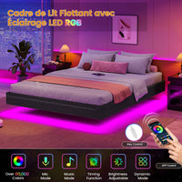 FR.SIKAIC Lits et Cadres de Lit Cadre de Lit Flottant en Métal avec Éclairage LED et Sommier à Lattes Gris