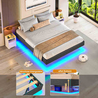 FR.SIKAIC Lits et Cadres de Lit Cadre de Lit Flottant en Métal avec Éclairage LED et Sommier à Lattes Gris