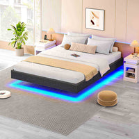 FR.SIKAIC Lits et Cadres de Lit Cadre de Lit Flottant en Métal avec Éclairage LED et Sommier à Lattes Gris