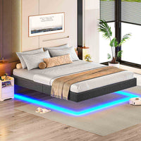 FR.SIKAIC Lits et Cadres de Lit Cadre de Lit Flottant en Métal avec Éclairage LED et Sommier à Lattes Gris