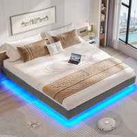 FR.SIKAIC Lits et Cadres de Lit Gris / 160x200cm Cadre de Lit Flottant en Métal avec Éclairage LED et Sommier à Lattes Gris