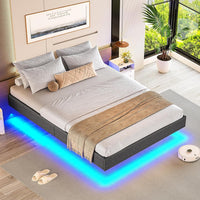 FR.SIKAIC Lits et Cadres de Lit Gris / 90x200cm Cadre de Lit Flottant en Métal avec Éclairage LED et Sommier à Lattes Gris