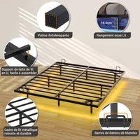 Cadre de lit flottant en métal avec lumières LED et sommier à lattes Noir (sans matelas) - FR.SIKAIC