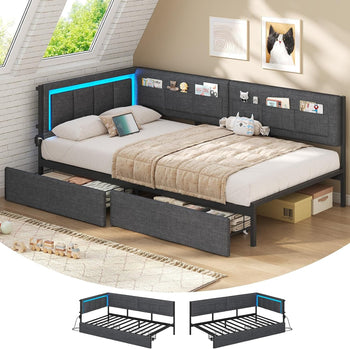 FR.SIKAIC Lits et Cadres de Lit Gris / Métal / 90 X 190 cm Canapé-lit 90x190 avec éclairage LED et bloc multiprise, Gris