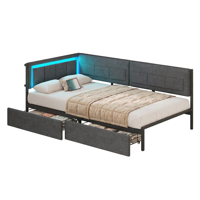 FR.SIKAIC Lits et Cadres de Lit Gris / Métal / 90 X 190 cm Canapé-lit 90x190 avec éclairage LED et bloc multiprise, Gris