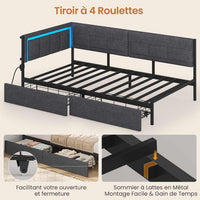 FR.SIKAIC Lits et Cadres de Lit Gris / Métal / 90 X 190 cm Canapé-lit 90x190 avec éclairage LED et bloc multiprise, Gris