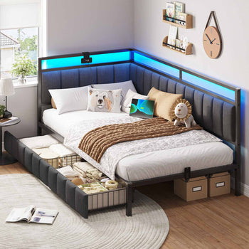 FR.SIKAIC Lits et Cadres de Lit Gris foncé / Lin&métal / 90x200cm Canapé-lit LED 90 x 200 cm avec port de charge USB – Gris foncé