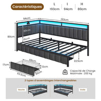FR.SIKAIC Lits et Cadres de Lit Gris foncé / Lin&métal / 90x200cm Canapé-lit LED 90 x 200 cm avec port de charge USB – Gris foncé