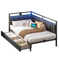 FR.SIKAIC Lits et Cadres de Lit Gris foncé / Lin&métal / 90x200cm Canapé-lit LED 90 x 200 cm avec port de charge USB – Gris foncé