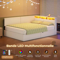 FR.SIKAIC Lits et Cadres de Lit Beige / Bois d'ingénierie et métal / 140 x 200 cm Canapé-lit moderne rembourré avec éclairage LED, Beige