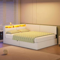 FR.SIKAIC Lits et Cadres de Lit Beige / Bois d'ingénierie et métal / 140 x 200 cm Canapé-lit moderne rembourré avec éclairage LED, Beige