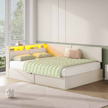 FR.SIKAIC Lits et Cadres de Lit Beige / Bois d'ingénierie et métal / 140 x 200 cm Canapé-lit moderne rembourré avec éclairage LED, Beige