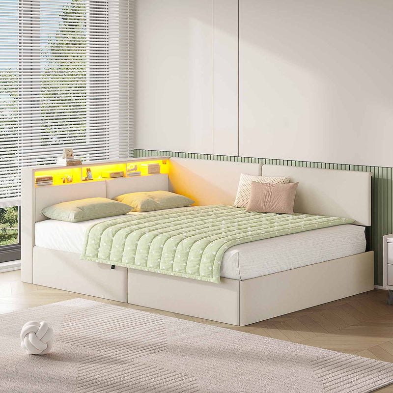 FR.SIKAIC Lits et Cadres de Lit Beige / Bois d'ingénierie et métal / 140 x 200 cm Canapé-lit moderne rembourré avec éclairage LED, Beige