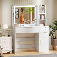 Coiffeuse avec Éclairage LED et Miroir 3 Tiroirs de Rangement 3 Étagères et 1 Armoire Blanc - FR.SIKAIC